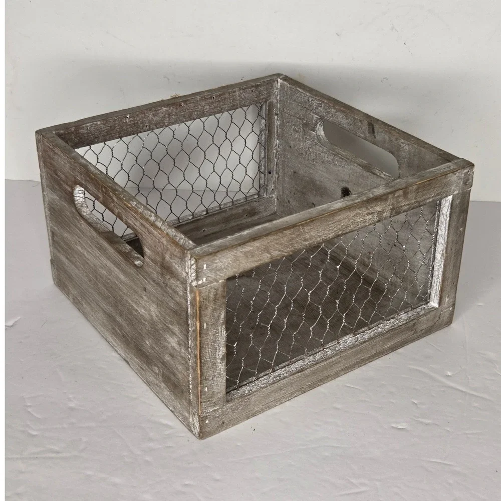 Rustic Farmhouse Beige Grey Wood Crate with Chicken Wire Mesh Sides and Handles